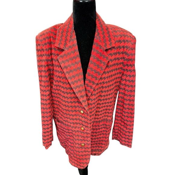 The Limited Women's 100% Leather Red Houndstooth Blazer Jacket Lined Size M - Picture 2 of 15
